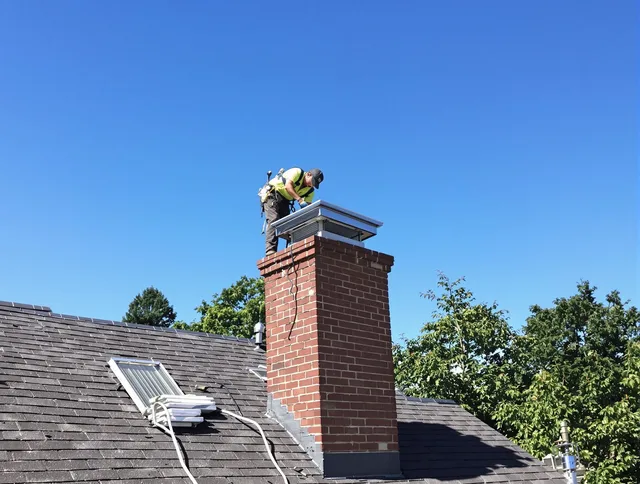 New Fairfield Chimney Sweep technician measuring a chimney cap in New Fairfield, CT